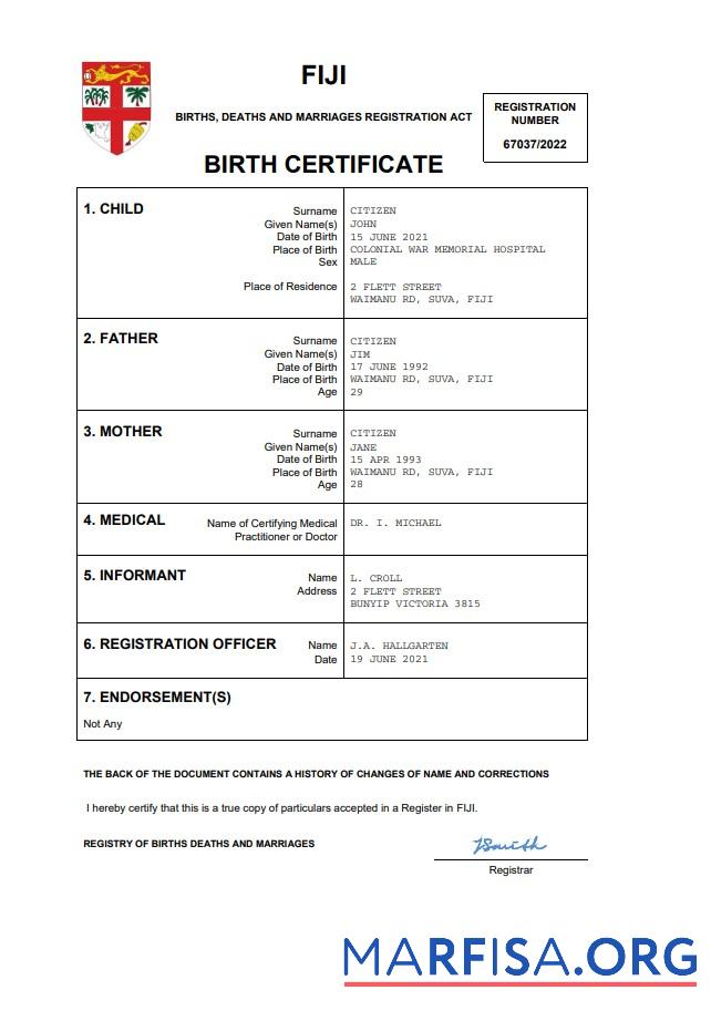 Printable Fiji birth certificate Word and PDF template